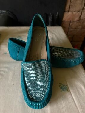 Maurices Teal Suede Loafers with Crystal Studded Vamp